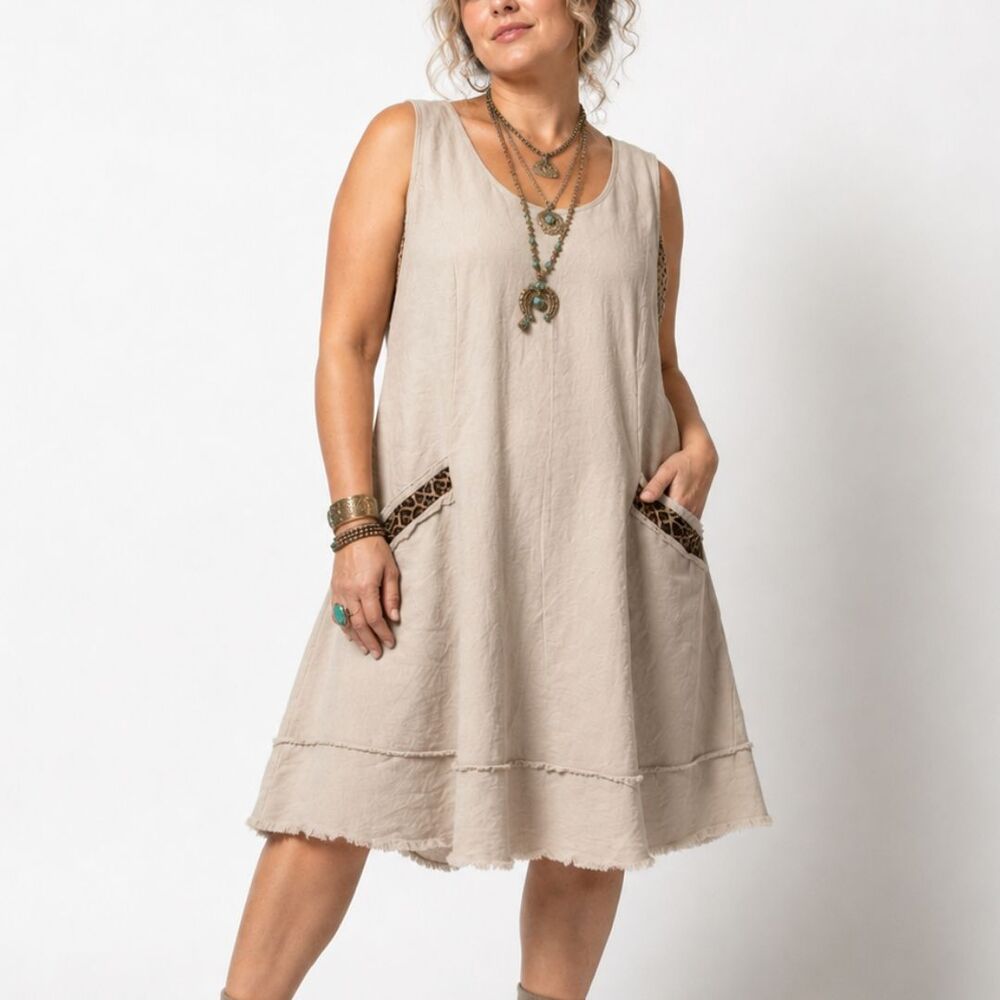 Linen Blend Raw Edge Leopard Trim Swing Dress 14